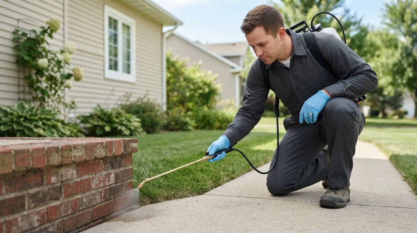 Pest control technician treating a home near Twin City, GA